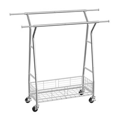 Uimoso Rolling Clothes Garment Rack 2 Hanging Rods & Storage Basket Extendable