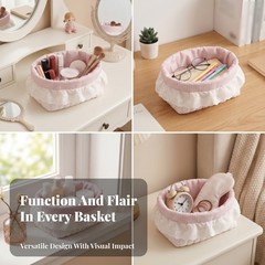 Quilted Textile Basket Open Top Lace Trim Basket Lightweight for Desk