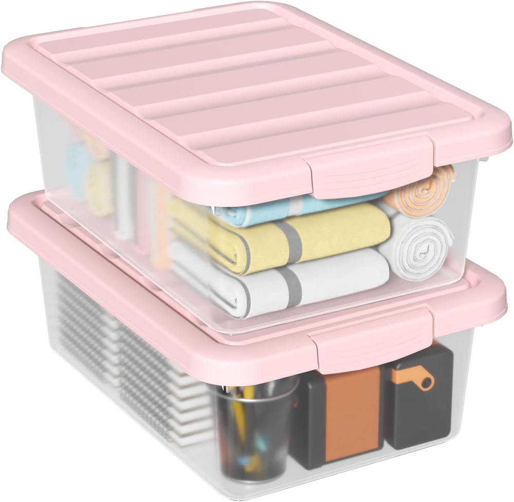 Set of 2 Clear Storage Bins with Pink Lids – 14 Quart Organizers for Home & Offi