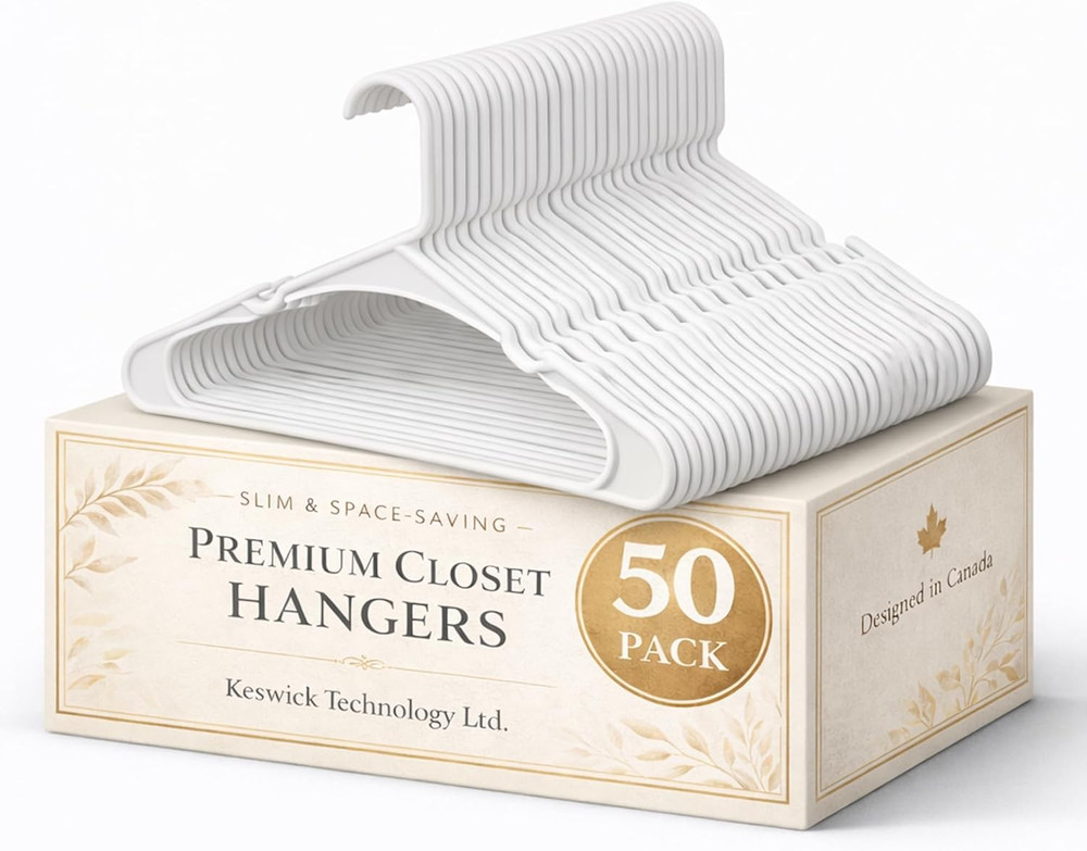 50 Pack White Plastic Hangers, Space Saving Closet Hangers with Non-Slip Notches