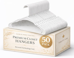 50 Pack White Plastic Hangers, Space Saving Closet Hangers with Non-Slip Notches