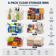 6 Pack Clear Organizer Bins 11X8X6In Pantry Organizers and Storage | Clear Conta