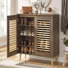 Shoe Cabinet w/2 Louvered Doors&3 Removable Shelves,5-Tier Narrow Cabinet Walnut
