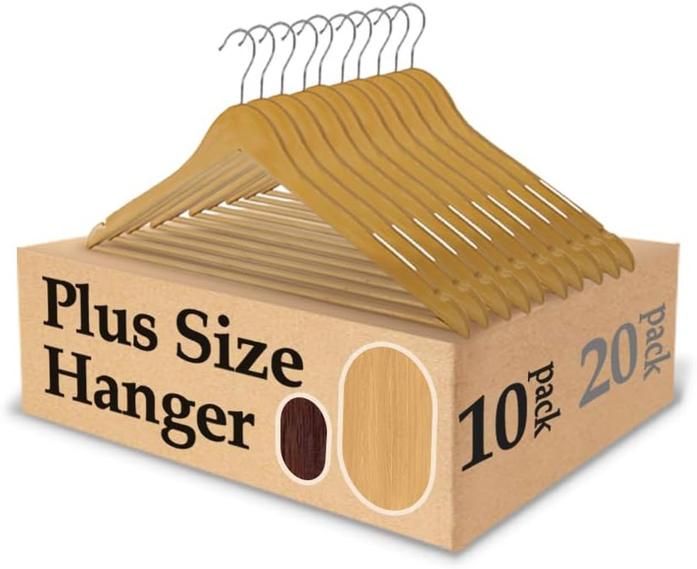 19 Inch plus Size Hangers, Natural Wood, 10Pk | Extra Wide Hangers for XL, XXL S