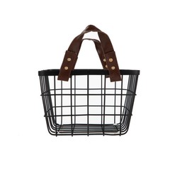 HomeZone 2 Pack Black Wire Storage Baskets with Faux Leather Handles