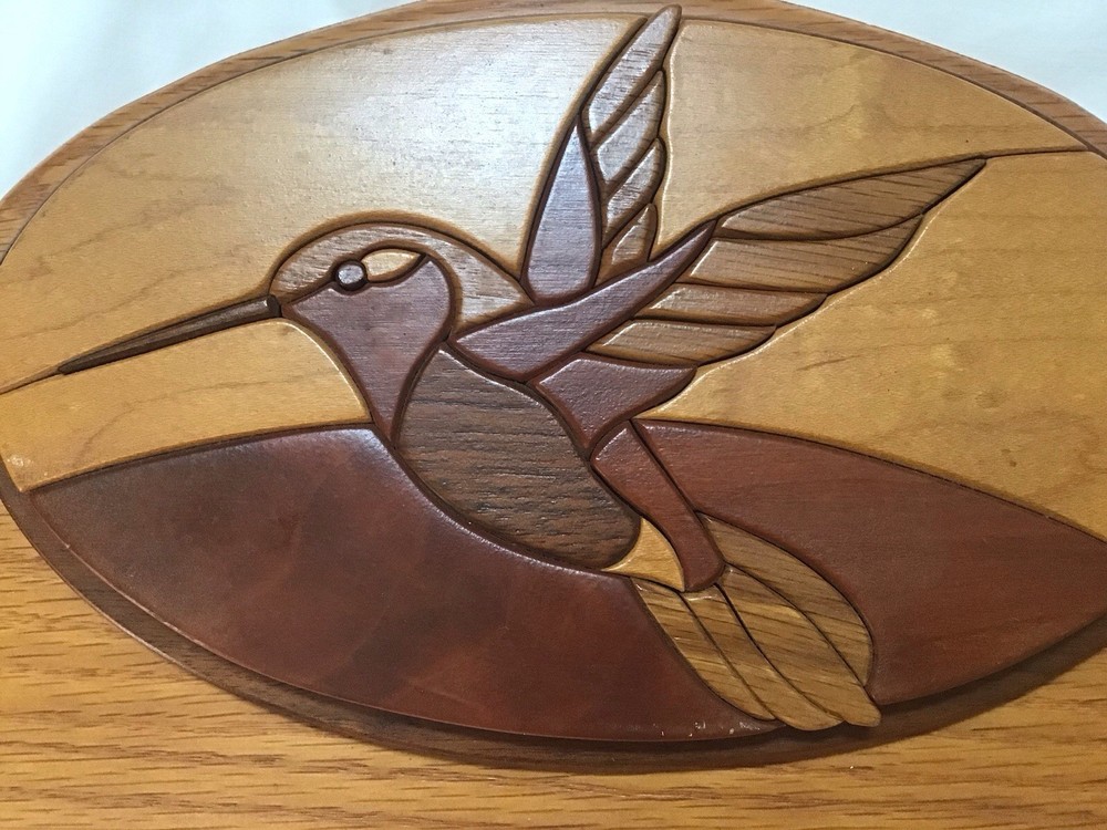 Handmade Solid Wood Coat Rack Inlaid Marquetry Hummingbird 2-Hooks