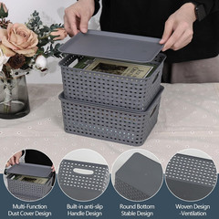 6-Pack Gray Lidded Storage Baskets, Stackable with Dust-Proof Lids