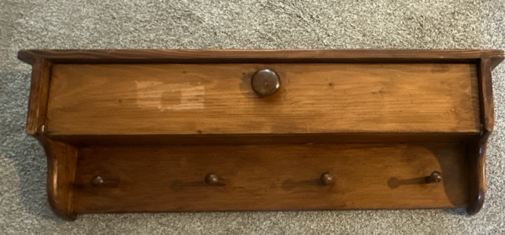 Wood Wall Mounted Coat & Hat Rack with Shelf, 3 Knob Hooks, Rustic Brown, 33x6in