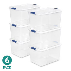 Sterilite Large Latching Storage Bin 66 Quart Clear Plastic Blue Latch, 6 Pack