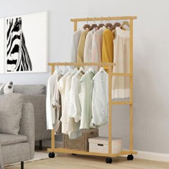XXL Heavy Duty Bamboo Clothes Rail Garment Stand Hanging Rack with Rolling Wheel