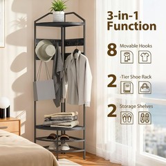 Corner Hall Tree Industrial 4-Tier Coat Rack with Shoe Storage 8 Movable Hooks