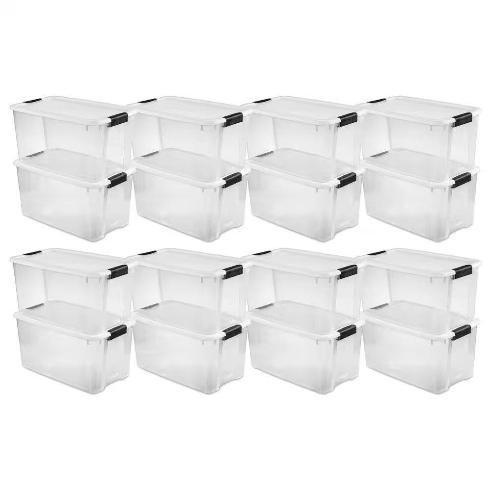 70 Qt. Clear Plastic Stackable Storage Bin W/ White Latch Lid, 16-Pack