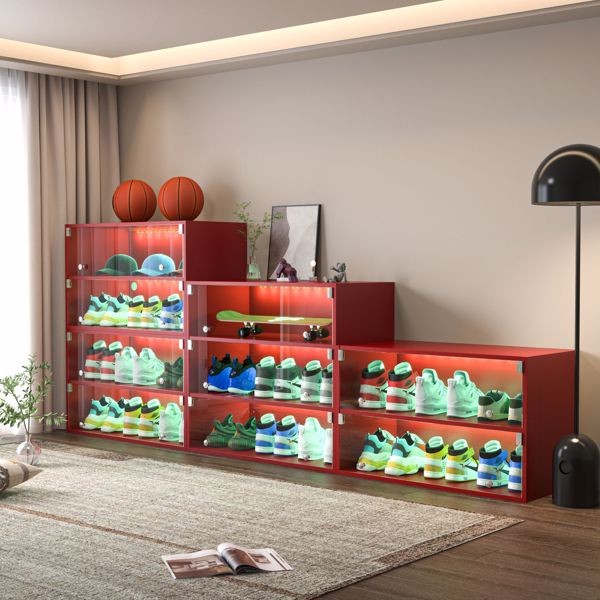 Red Glass Door Shoe Box Shoe Storage Cabinet For Sneakers With RGB LED Light