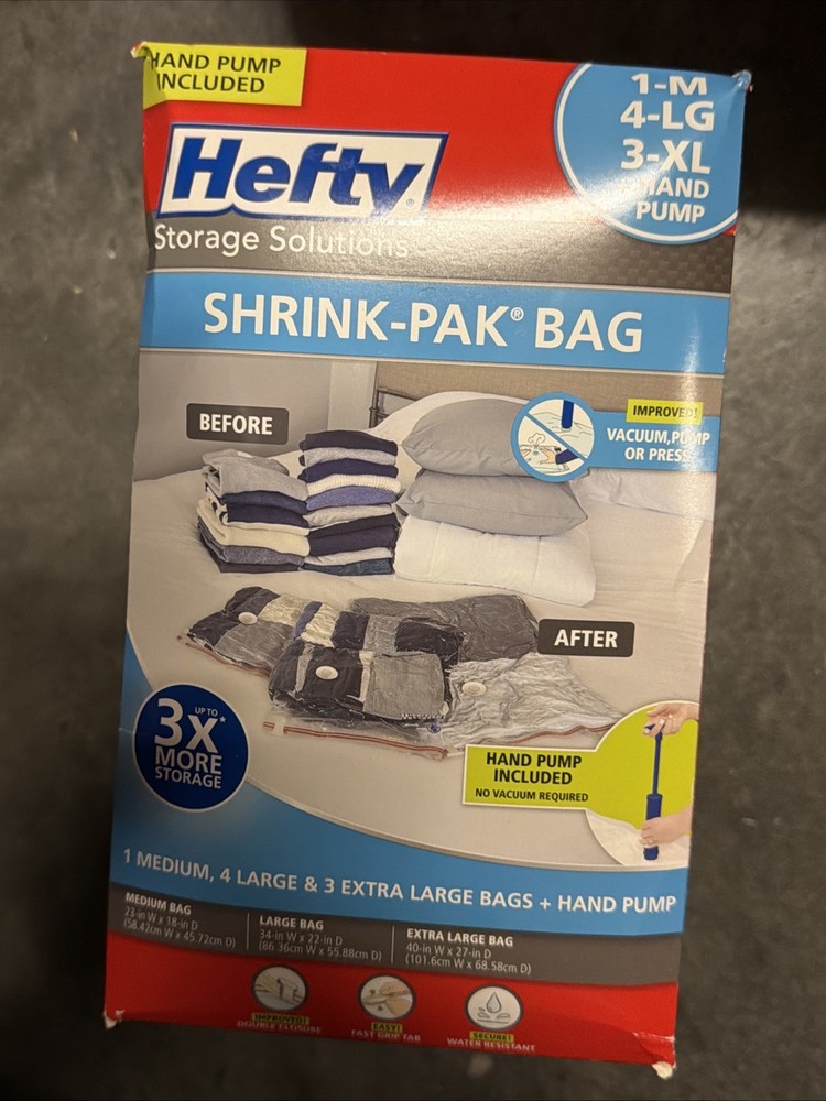 Hefty Shrink-Pak Bag 1 Medium, 4 Large, 3 X-Large Vacuum Compression Storage NEW
