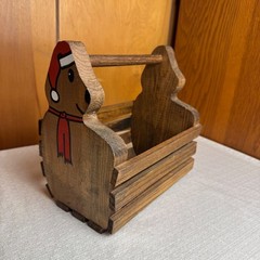Vintage Wooden Teddy Bear Basket Christmas Storage Caddy Rustic Holiday Decor
