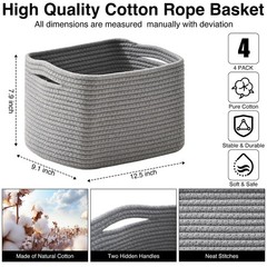 Small Storage Baskets Woven Cotton Rope Shelf Book Bin Grey 12.5×9.1×7.9 4 Pack