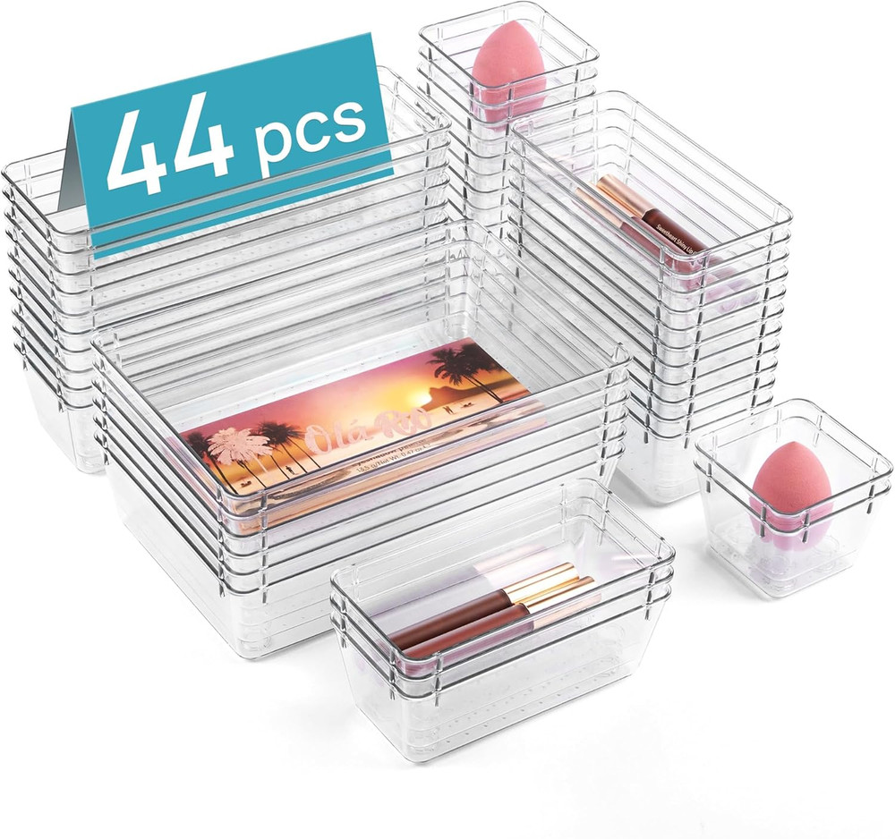 44 Piece Clear Plastic Drawer Organizer Set with Four Sizes for Bathroom Kitchen