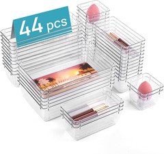 44 Piece Clear Plastic Drawer Organizer Set with Four Sizes for Bathroom Kitchen