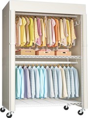 White Clothing Rack with Beige Cover, P1C Plus Rolling Closet with Wheels, Metal
