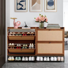 Walnut Wooden Shoe Storage Cabinet with Flip-Up Drawer (9.25 In. D X 31.5 In. W