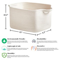 3 Packs Cotton Rope Woven Basket With Handles for Shelves -15″*10.2″*9.1″(White)
