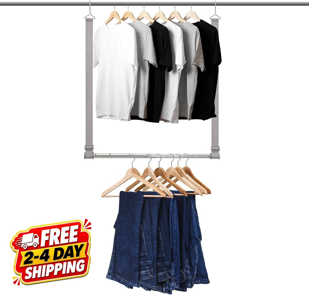 Hanging Closet Rod, 17-28In Width and Up to 32In Height Closet Extender, Double