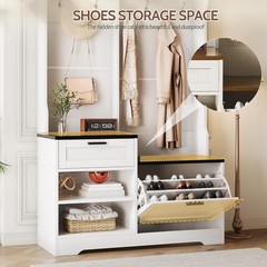 Hall Tree with Bench and Shoe Storage 6-in-1 Entryway Coat Rack with Flip
