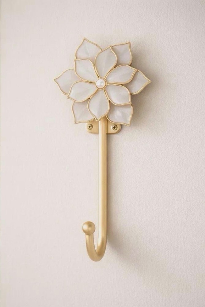 Gold White Metal Wall Hook Floral Flower Top Wall Mounted Traditional 1 Hook
