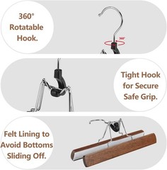 12 Pack Wooden Pants Hangers with Clips Non Slip Skirt Hangers Walnut Trouser Cl