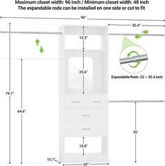 48″-96” Extendable Walk in Closet Organizer System with 4 Drawers ＆ Hanging Rods