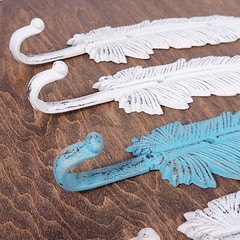 5 Large Cast Iron FEATHER Hooks Coat Hat Towel Rack Hall Tree Western Eagle 9.25