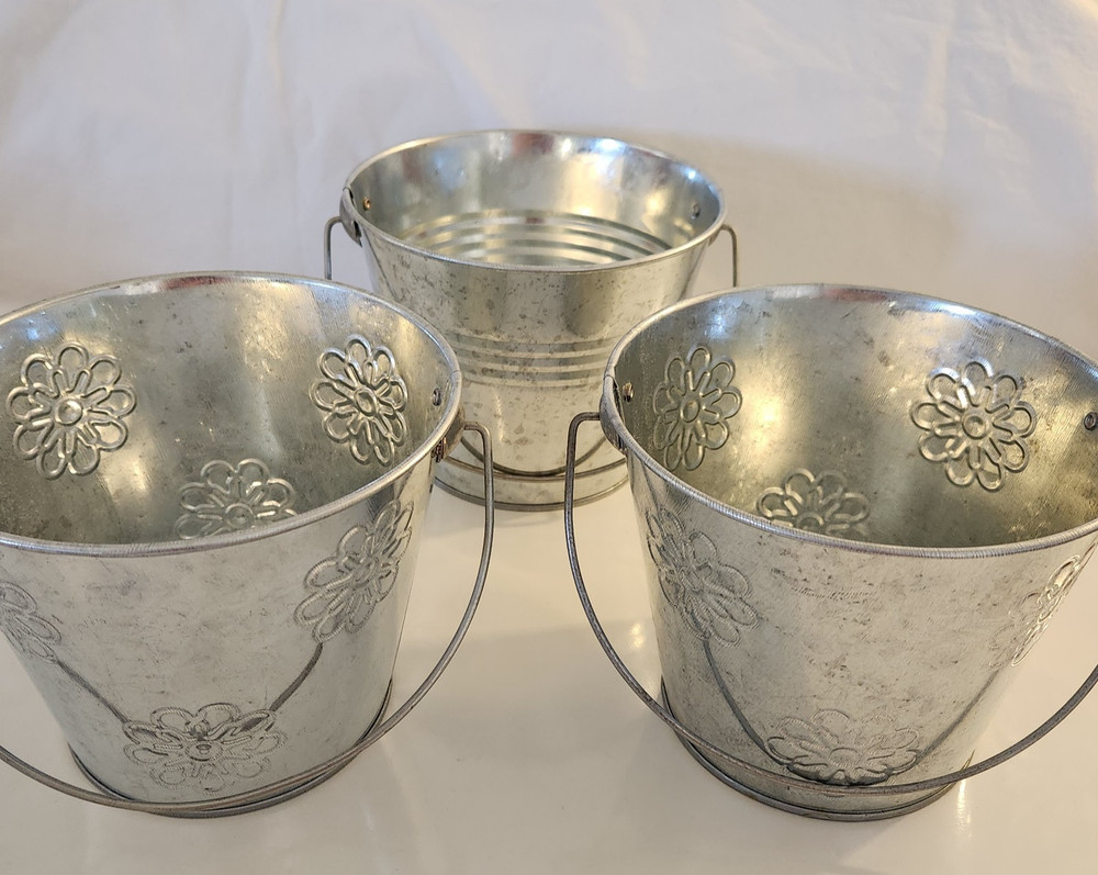 Lot 3 Silver Metal Bucket Pail Handle Tin 4.5 x 5.5″ Embossed Flowers Galvanized