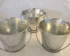 Lot 3 Silver Metal Bucket Pail Handle Tin 4.5 x 5.5″ Embossed Flowers Galvanized