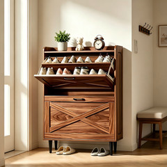 2 Drawers Top Enclosure Barn Door Shoe Cabinet Melamine Board Embossed MDF