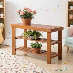 3-Tier Bamboo Shoe Rack Bench – Entryway Mudroom Wooden Storage Shelf Walnut