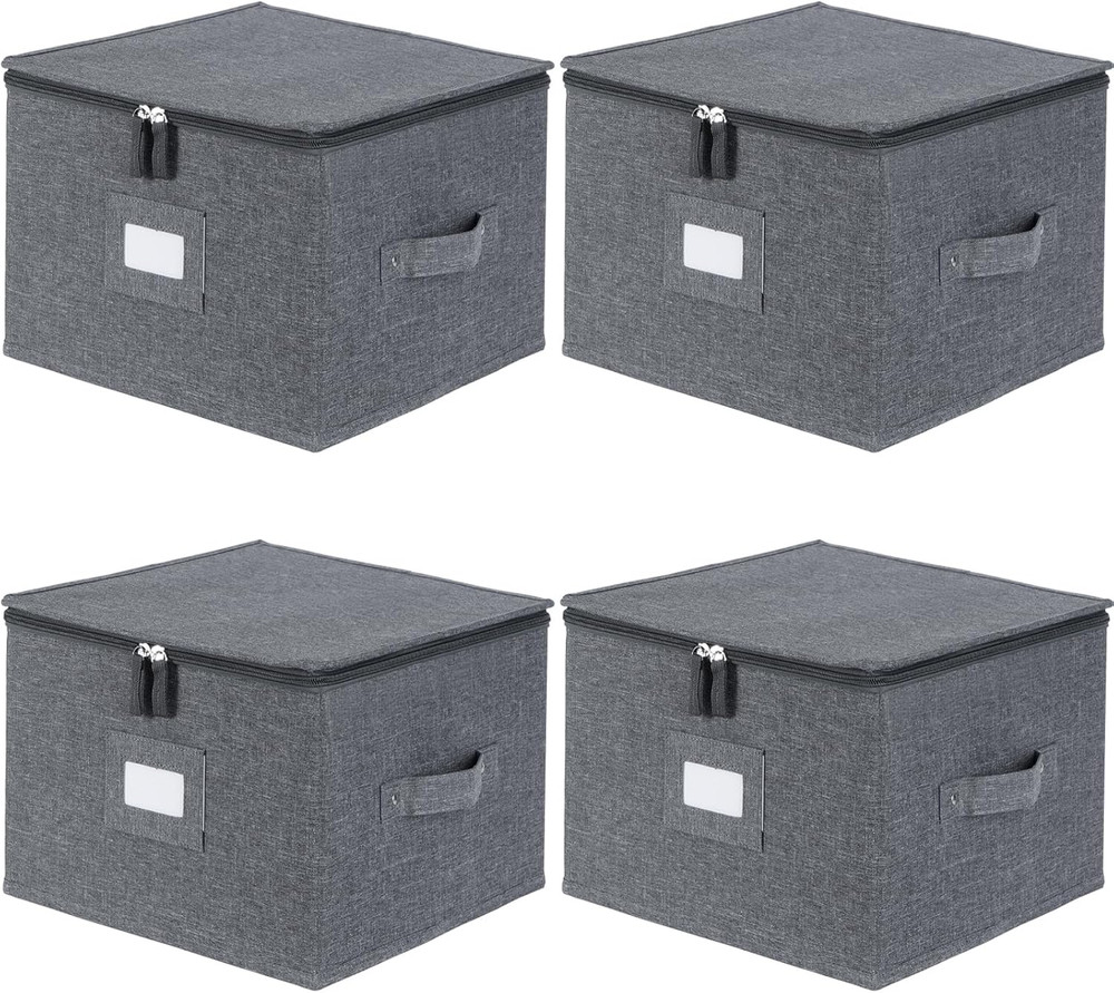 China Dinnerware Storage Box with Felt Dividers 12×8 Inches Stackable 4 Pack