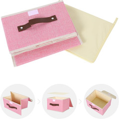 Small Lidded Storage Bin, Cotton Linen with Faux Leather Handle