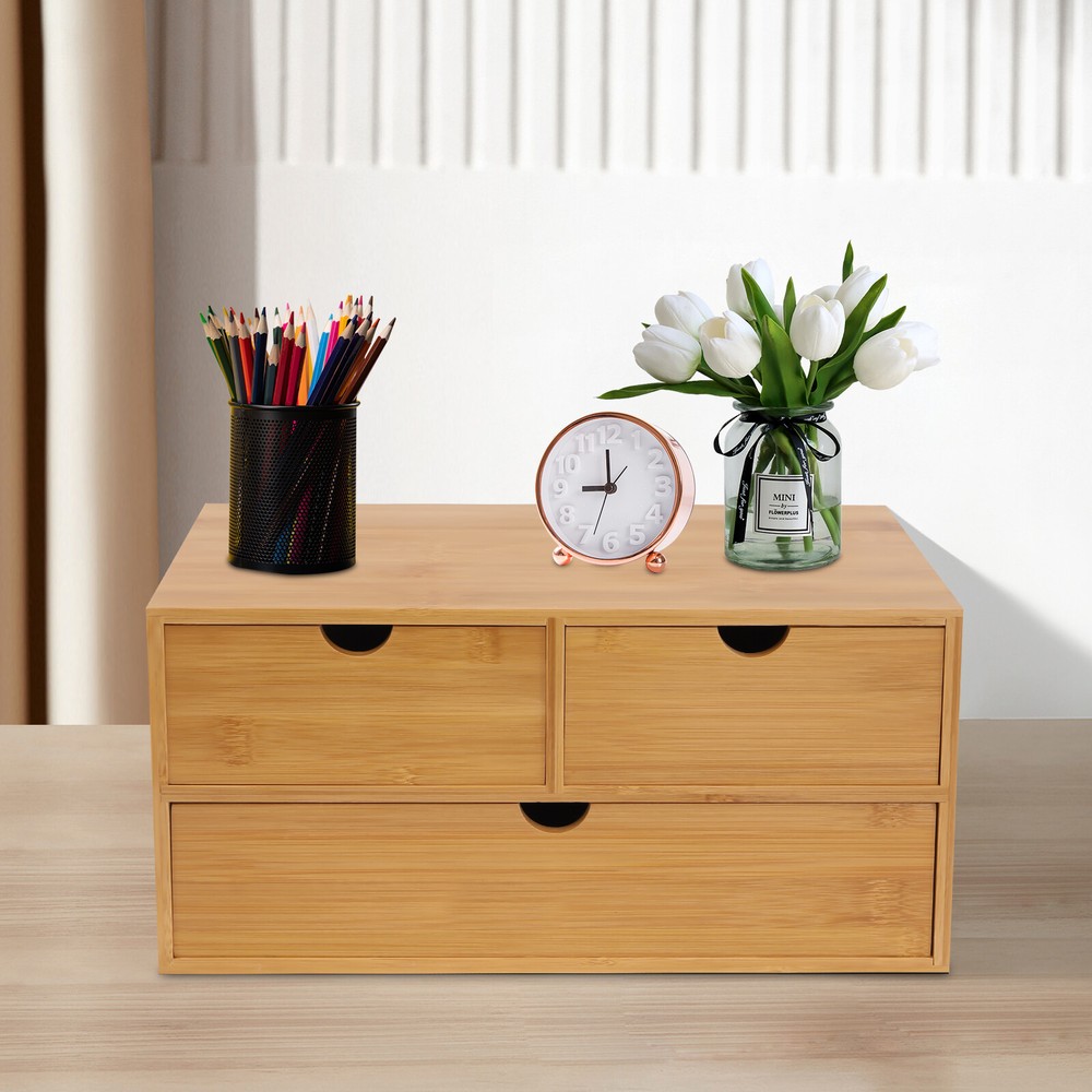 Bamboo Desk Organizer -Tabletop Mini Bamboo Desk Drawer Storage Box w/ 3 Drawers