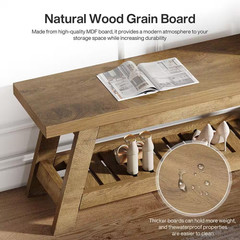 13 In. H X 55 In. W Light Walnut Wood Shoe Storage Bench, Large 2-Tier Narrow Sh