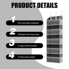 5 Tier Over Door Hanging Organizer with Clear Pockets – Heavy Duty Storage Bag