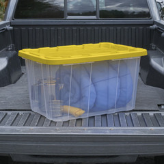 Sterilite 27 Gallon Industrial Storage Tote Bin Clear / Yellow Lid, 4 Pack