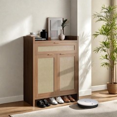 Boho Shoe Cabinet, 32 in Rattan Shoe Organizer with Doors and Drawer, Coffee …