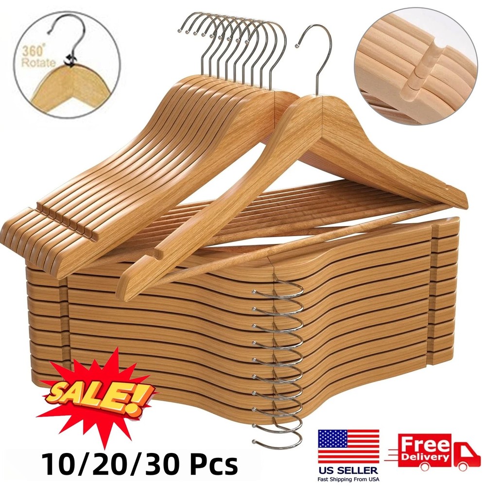 Wooden Hangers Pack of 10 20 & 30 Suit Hangers Premium Natural Finish Home Us