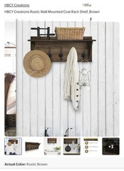 Rustic Brown Solid Wood Wall Mounted Coat Rack with Shelf, 5 H