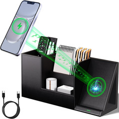Pen Organizer with Phone Stand and Wireless Charger, Black Vegan Leather Desk