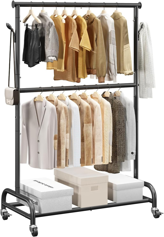 Clothes Rack, Rolling Clothing Garment Rack with Adjustable Crossbar and Side Ho