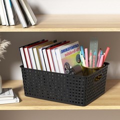4 Packs Woven Plastic Storage Baskets, Plastic Basets Medium, Black