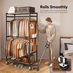 Heavy Duty Rolling Clothes Rack Metal Closet Organizer Wood Shelves 450LB