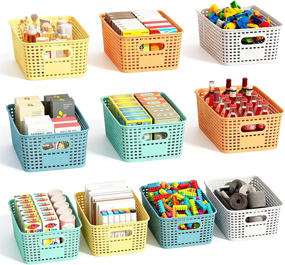 Colorful 10-Pack Plastic Storage Baskets for Home Organization & Space-Saving
