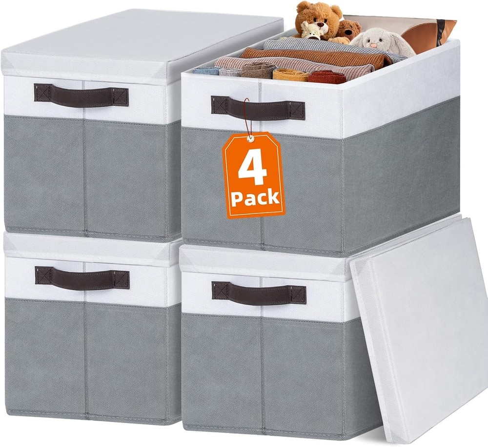 Large Closet Storage Baskets 4 Pack with Lids for Shelves
